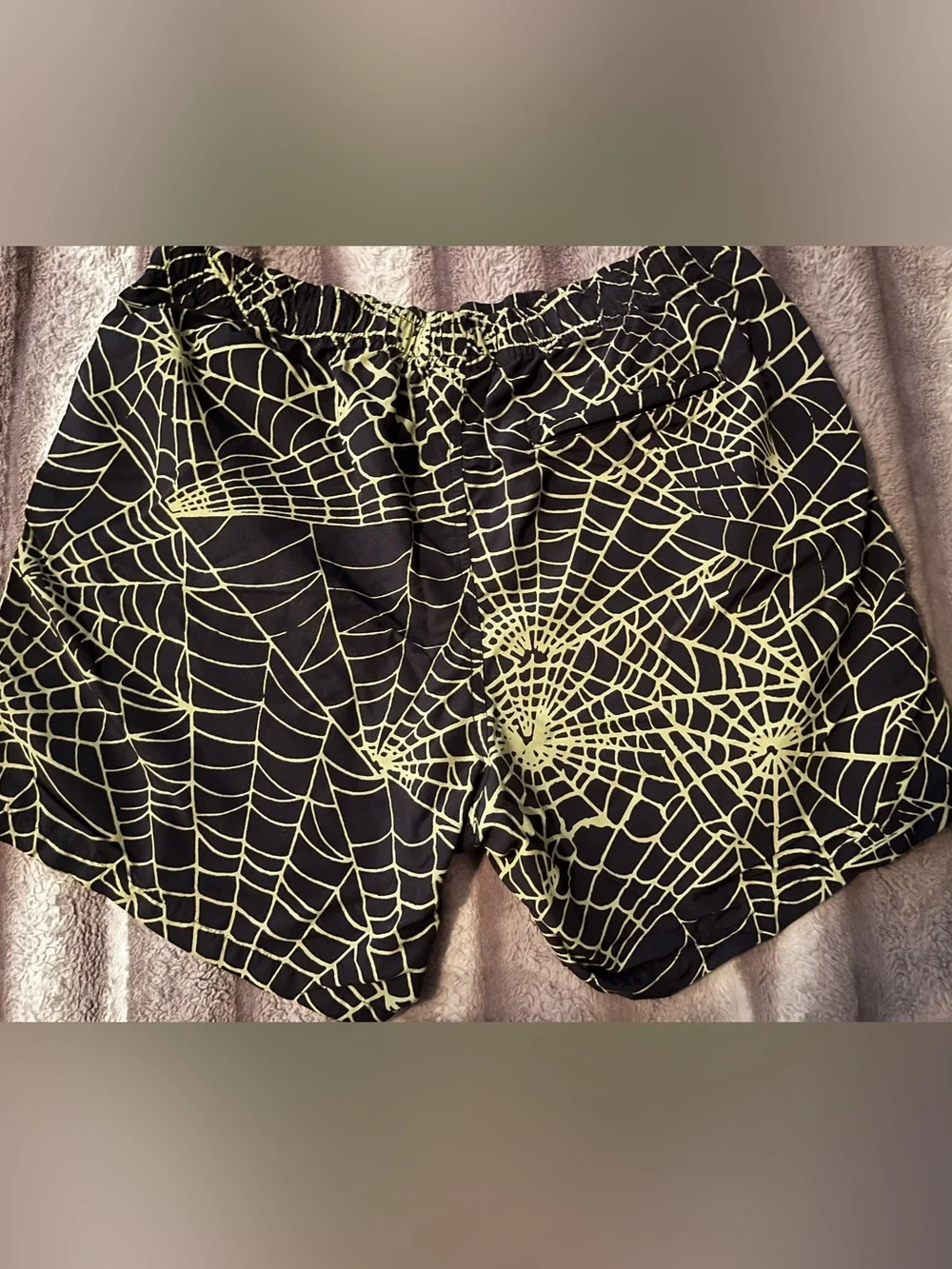 Obey Black Shorts with Neon Green Spiderweb Print